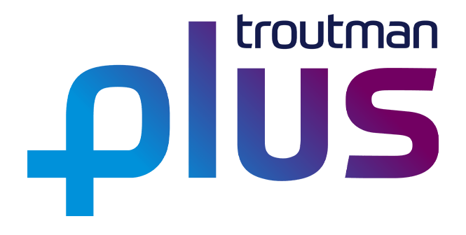 The image is a logo with the word "PLUS" written in large, gradient letters that transition from blue on the left to purple on the right. Above the "US" in "PLUS," there is smaller text that reads "troutman".